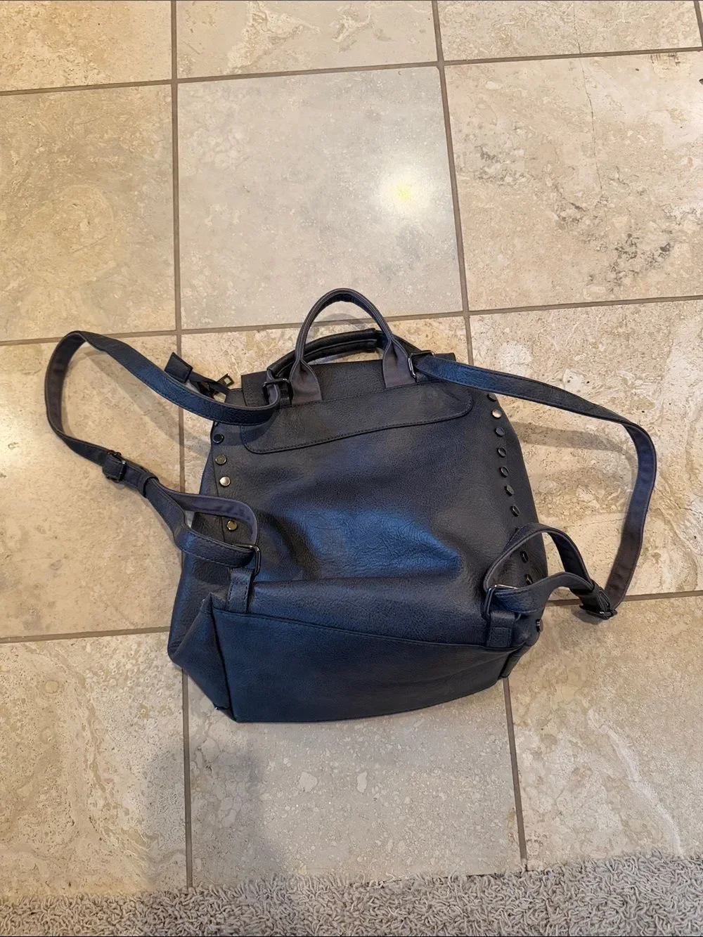 Stud-Trim Faux-Leather Navy Backpack Tote